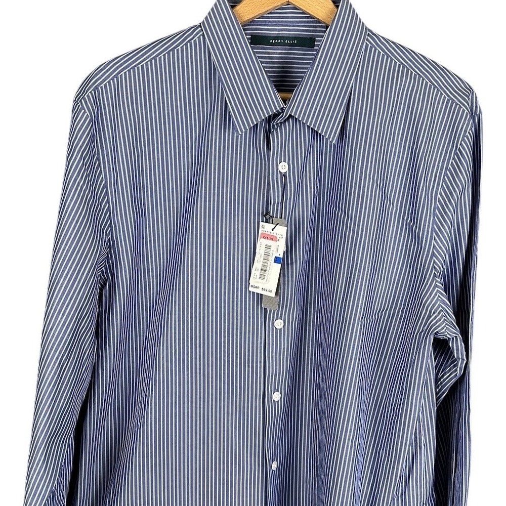Perry Ellis Mens Blue White Striped Long Sleeve Button Down Shirt XL 44HW4053PS